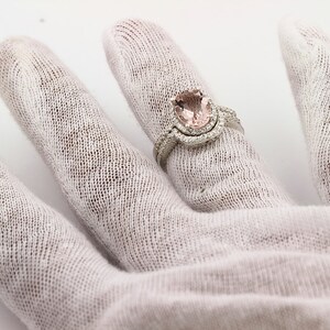Natural 10x8mm AAA Morganite Solid 14K White Gold Diamond engagement Halo Ring Bridal set image 3
