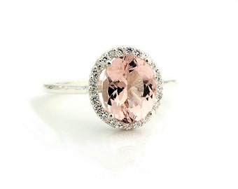 Natural AAA Pink Morganite  Solid 14K White Gold Diamond engagement  Halo Ring - Gem849 - Special