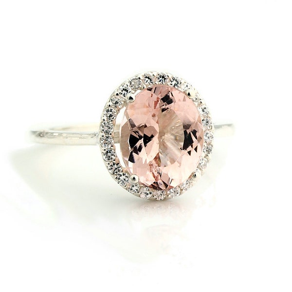 Natural AAA Pink Morganite  Solid 14K White Gold Diamond engagement  Halo Ring - Gem849 - Special