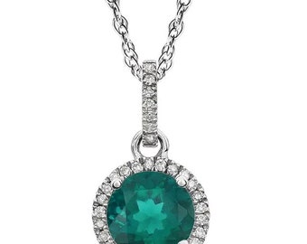 14k White Gold Natural Diamond &Created  Sapphire / Ruby/ Emerald /Opal Halo style Pendant Necklace, 18" Rope Chain