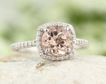 7mm Round  1.15  ct Natural  Morganite Solid 14K White Gold Diamond Engagement Ring - Gem844