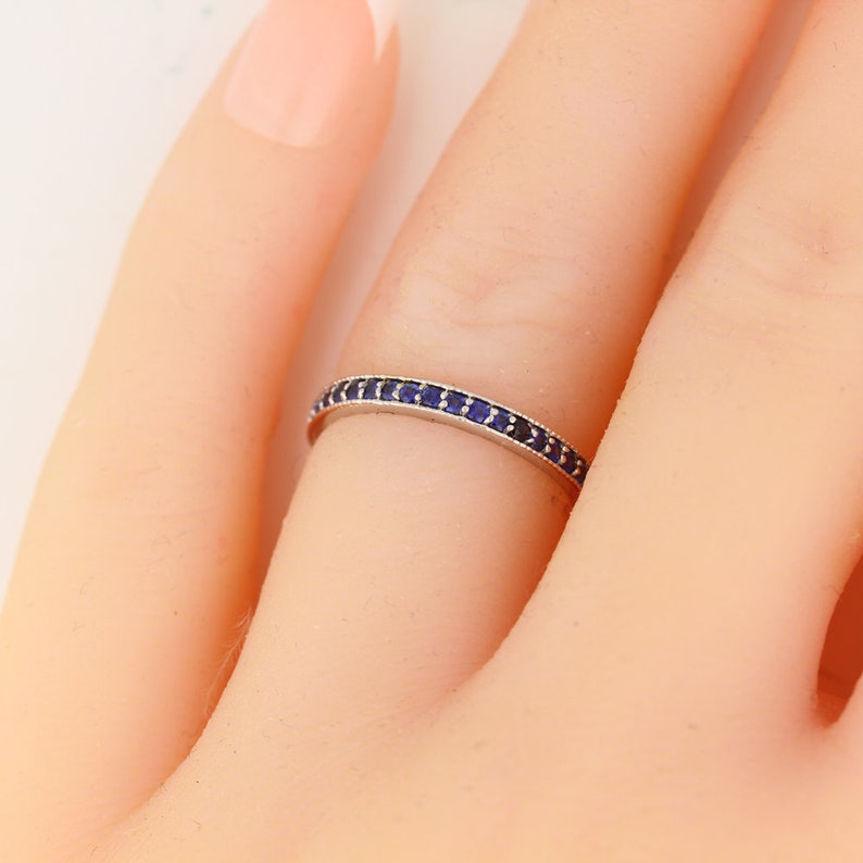 Stackable Half Eternity Blue Sapphire Milgrain Wedding Band Etsy Canada