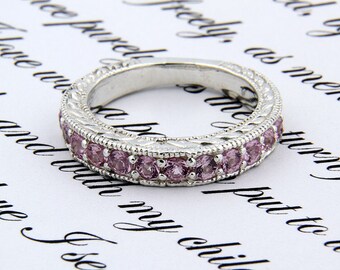 Natural Pink Sapphire Antique wedding Band  Ring in 14k White Gold