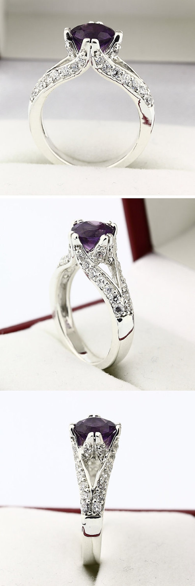 Natural VS purple Amethyst Solid 14K White Gold Diamond Ring image 4