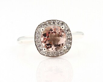 Natural AAA Pink Morganite  Solid 14K White Gold Diamond engagement  Halo Ring - Gem873