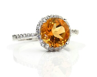 Natural Yellow Citrine Solid 14K White Gold Diamond engagement Ring - Gem789