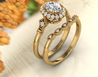 IGI Certified Lab Grown Diamond Engagement Ring Set , Vintage  style Bridal Set  In 14k White Gold,Yellow Gold, Rose Gold