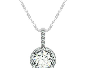 1 ct 6.5mm Forever One (GHI) Moissanite  Solid 14k white gold Antique Halo Style diamond Pendant with  18 Inch Cable chain - Ov42592