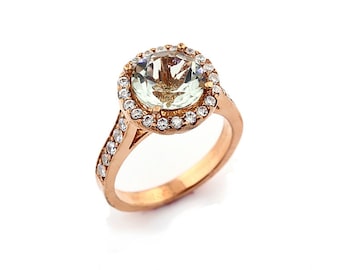 Natural Round  Green amethyst  Solid 14K Rose Gold Diamond engagement Ring