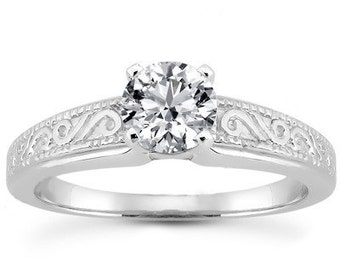 1 carat 6.5mm Forever One (GHI) Moissanite  14K White Gold  solitaire  Engagement  Ring - antique style - ENR3244