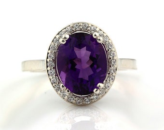 Natural Oval  10x8mm Purple Amethyst  Solid 14K White Gold Diamond engagement  Halo Ring - Gem829