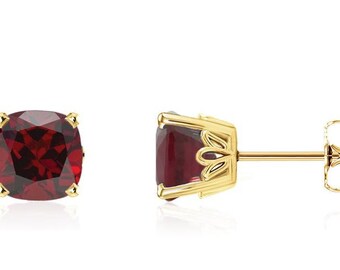 Cushion Natural Garnet Scroll Stud Earring In 14k Yellow Gold Gold -Pair 6mm 2.75 CT