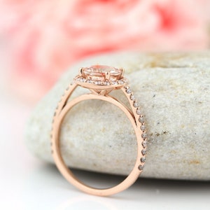 Natural Morganite Ring Set, Diamond Halo Morganite Engagement Ring in 14k Roes gold, 7mm gemstone - Gem1203 image 4