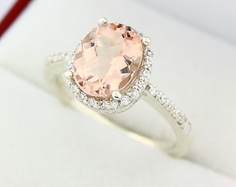 10x8mm AAA Natural Oval Checkerboard Cut Morganite(Pink Emerald)  Solid 14K White Gold Diamond engagement Halo Ring