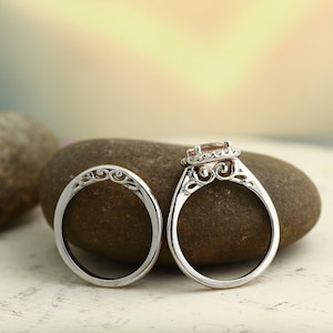 Bridal Set Floral Design Morganite Engagement Ring 14K White Gold Diamond Halo Wedding SET(Other metals  & stone options available)-Gem1155