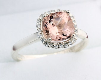 7mm Antique Cushion cut  1.55 ct  Natural  Morganite Solid 14K White Gold Diamond Engagement Ring - Gem843- ON SALE