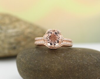 Natural AAA 8mm  Round Morganite  Solid 14K Rose  Gold Floral Inspired Diamond  Engagement Ring Set- Gem1253