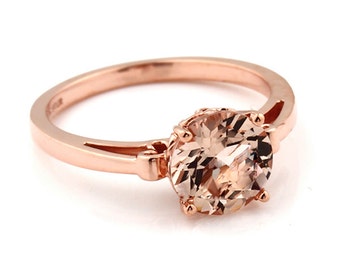 Natural AAA Round 8mm Pink Morganite   Fleur-de-Lis Ring  Solid 14K Rose Gold Diamond engagement  Ring - Gem936