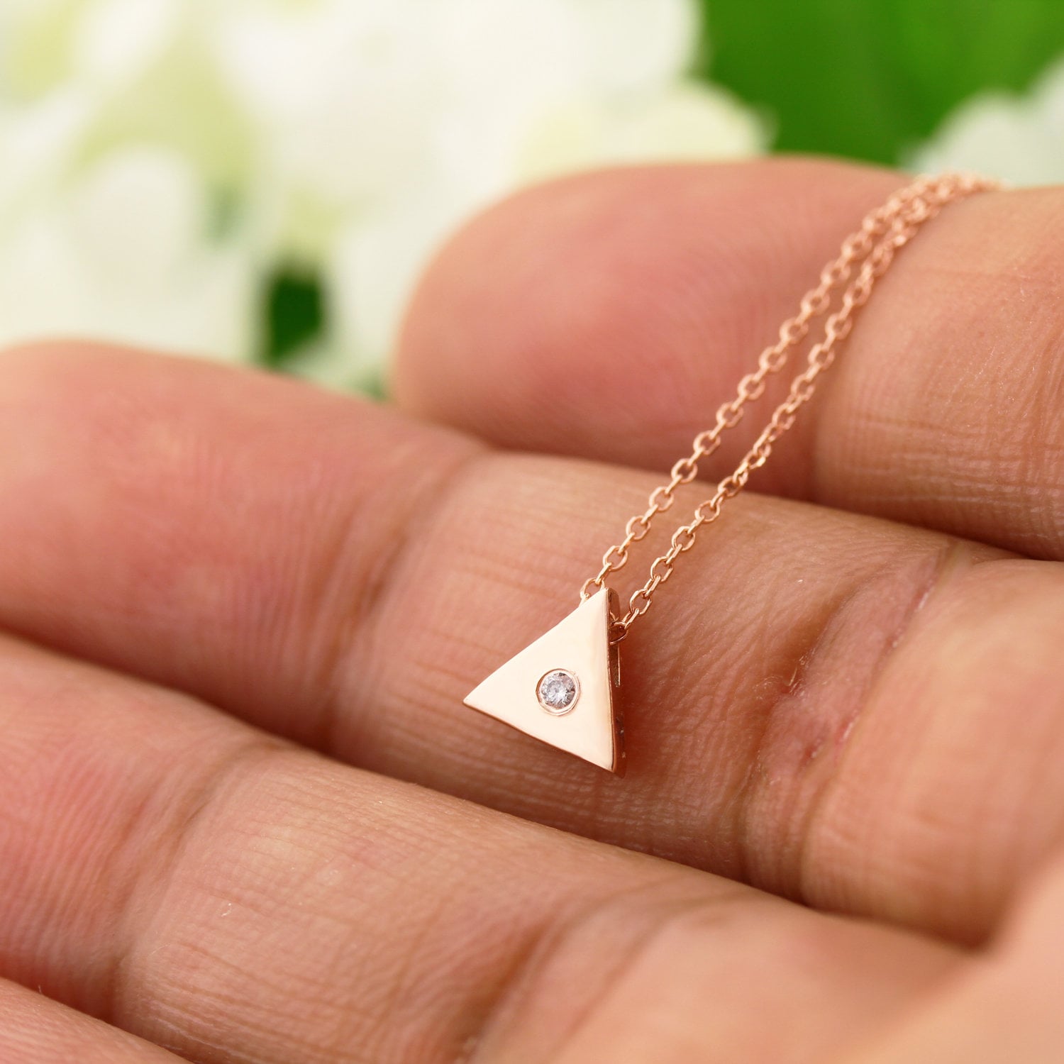 Solid 14k Rose Gold Triangle Pendant Necklace, Adjustable 16-18