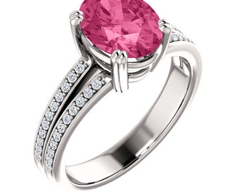 Natural AAA 9x7mm Oval Pink Tourmaline Solid 14K White Gold Diamond  Engagement Ring Set-ST233487