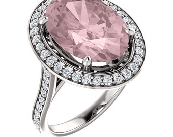 Natural Morganite and Diamond Halo wedding Ring Set In 14K White Gold  -ST82782 With Certified Appraisal