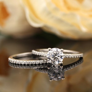 Certified  1.25 ct Forever One Moissanite Colorless Engagement Ring & Diamond Wedding band set In 14k White Gold, Gem1403