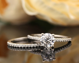 IGI Certified Lab Grown Diamond Solid 14K White Gold Engagement Ring Set Gift For Her Gem1403