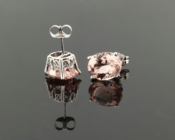 Genuine Morganite Scroll Setting® Earrings 14k white Gold Morganite Stud Earrings 8x6mm Oval Post Earring