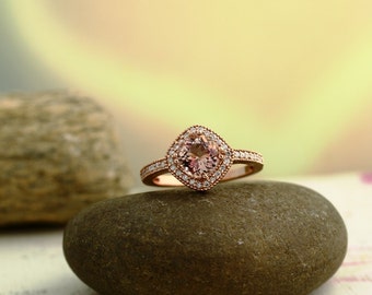 Morganite Diamond Ring  In 14K Rose Gold engagement Ring  antique Style  Halo Ring 7mm  ****Gem877