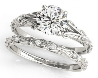 Certified Forever One (GHI) Moissanite and Diamond  Vintage Style Engagement  Ring Set in 14K White Gold - OV62176