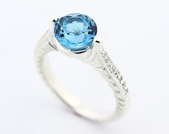 Natural  8MM Swiss Blue Topaz Solid 14K White Gold Diamond  Ring-Antique