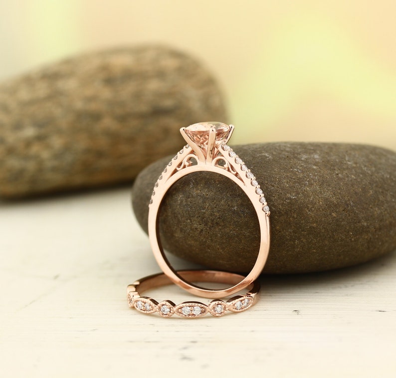 Morganite Engagement Ring Set , Diamond Wedding Ring Set with Art deco wedding band In 14k Rose Gold 8x6mm Oval Gem1403 image 3