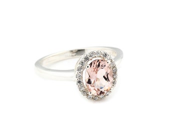 9x7mm Oval  cut  1.75 ct  Natural  Morganite Solid 14K White Gold Diamond Halo  Engagement Ring - Gem874