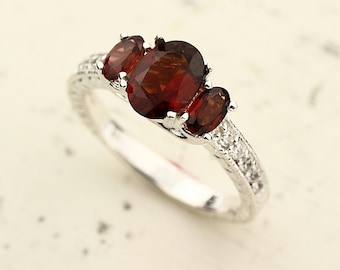 Natural Garnet  Solid 14K White Gold antique diamond engagement ring