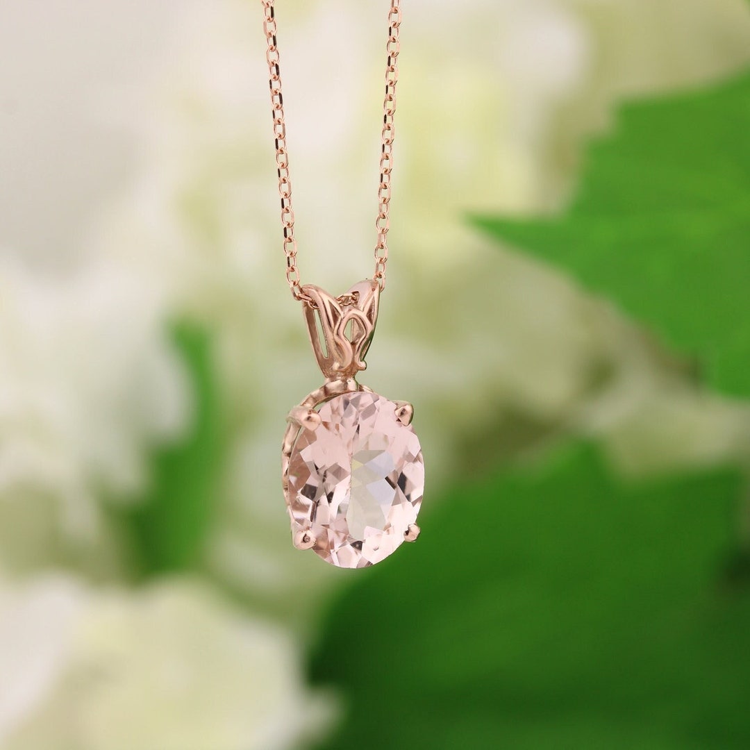 Natural AAA 10x8mm Oval Pink Morganite Vintage Style Pendant 14K