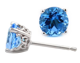 Solid 14k White Gold Gemstone Stud Earrings, 6mm Round each (Swiss Blue Topaz))