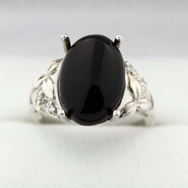 Natural Black Onyx Solid 14K White Gold Diamond Ring | Etsy