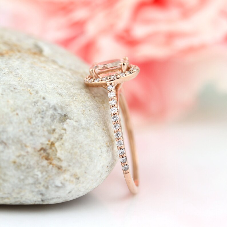 Natural Morganite Ring Set, Diamond Halo Morganite Engagement Ring in 14k Roes gold, 7mm gemstone - Gem1203 image 5