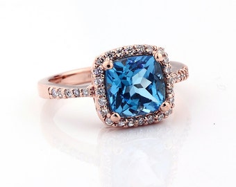 Natural Cushion Cut Swiss blue topaz Solid 14K Rose  Gold Diamond engagement Ring-Gem746