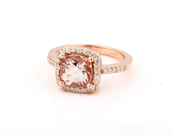 Natural Cushion Cut Morganite  Solid 14K Rose  Gold Diamond engagement Ring- Gem746