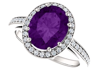 Natural 10x8mm  Purple Amethyst Solid 14K White Gold Diamond engagement  Halo Ring ST233199