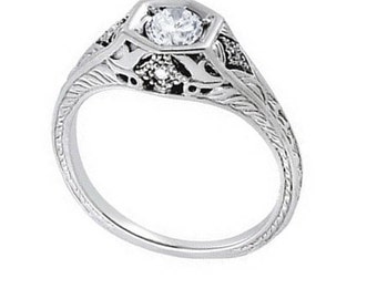 1/3 ct 4.5mm Forever One (GHI) Moissanite  Solid 14k white gold Antique Style diamond Engagement Ring- Ov94488