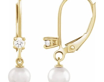 14K Yellow / White Gold  Japanese Akoya Pearl  &  . 10CTW Natural Diamond Lever Back Earrings