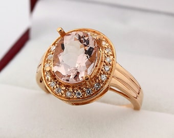 Stunning Natural 10x8mm Faceted Oval cut  Morganite  Solid 14K Rose Gold Diamond engagement Ring