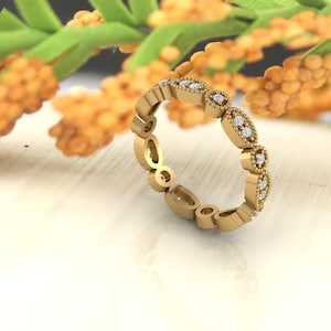 Art Deco Antique Style Diamond /Moissanite  Milgrain 14K White/Yellow/Rose Gold Full Eternity Wedding Band Ring Anniversary Ring, Gem1067