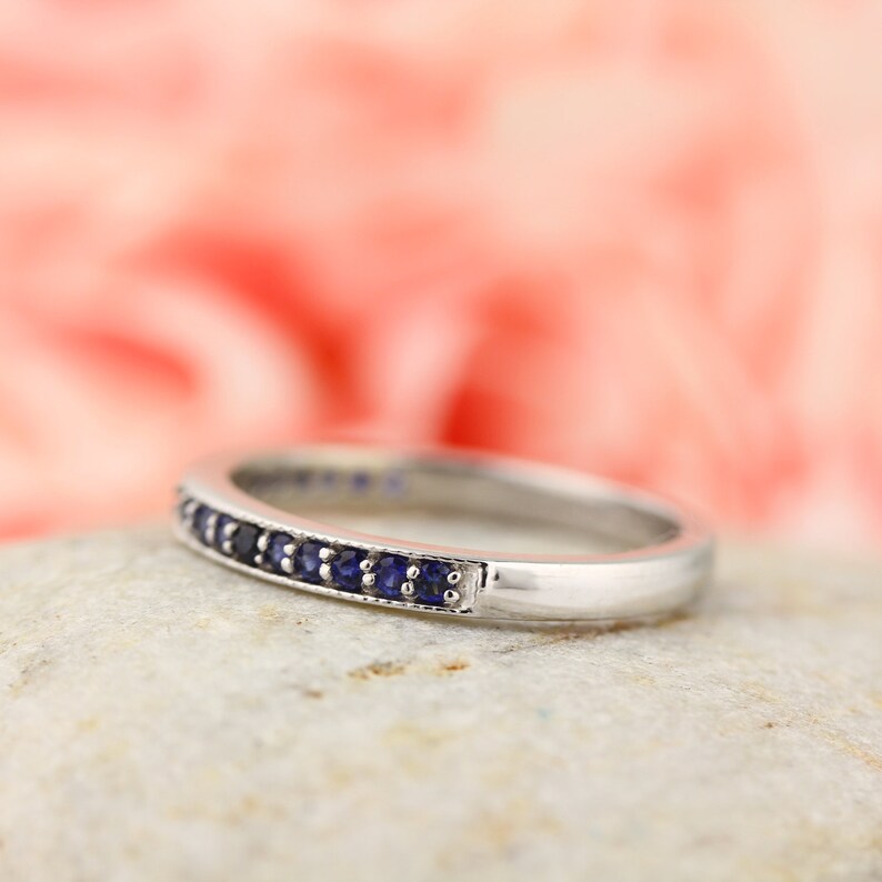 Stackable Half Eternity Blue Sapphire Milgrain Wedding Band Etsy Canada