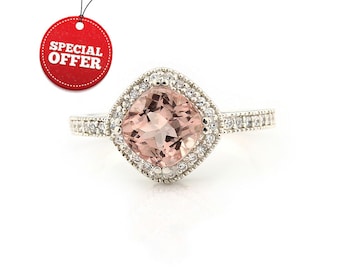 Natural  7mm  Antique Square Cushion Pink  Morganite  Solid 14K White Gold Diamond engagement antique Style  Halo Ring  ****Gem877