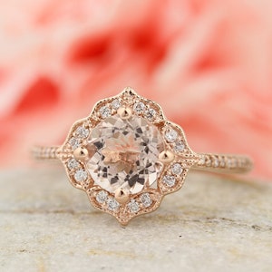 AAA Morganite Engagement Ring Diamond Wedding Ring Vintage Floral Ring In 14k Rose Gold Gem1224