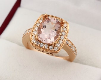 Natural 10x8mm Oval Morganite  Solid 14K Rose Gold Diamond engagement Ring