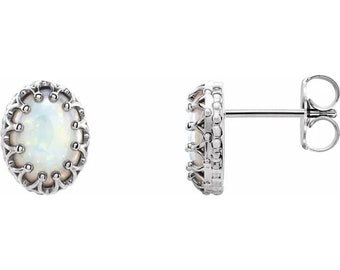 Ready to ship-14K White / Yellow  8x6 mm Oval Genuine Australian White Opal  Cabochon Crown  Stud Earrings